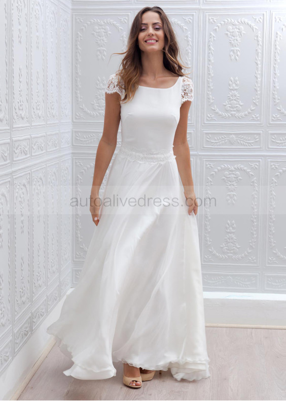 Ivory Lace Chiffon Cap Sleeves Keyhole Back Wedding Dress 